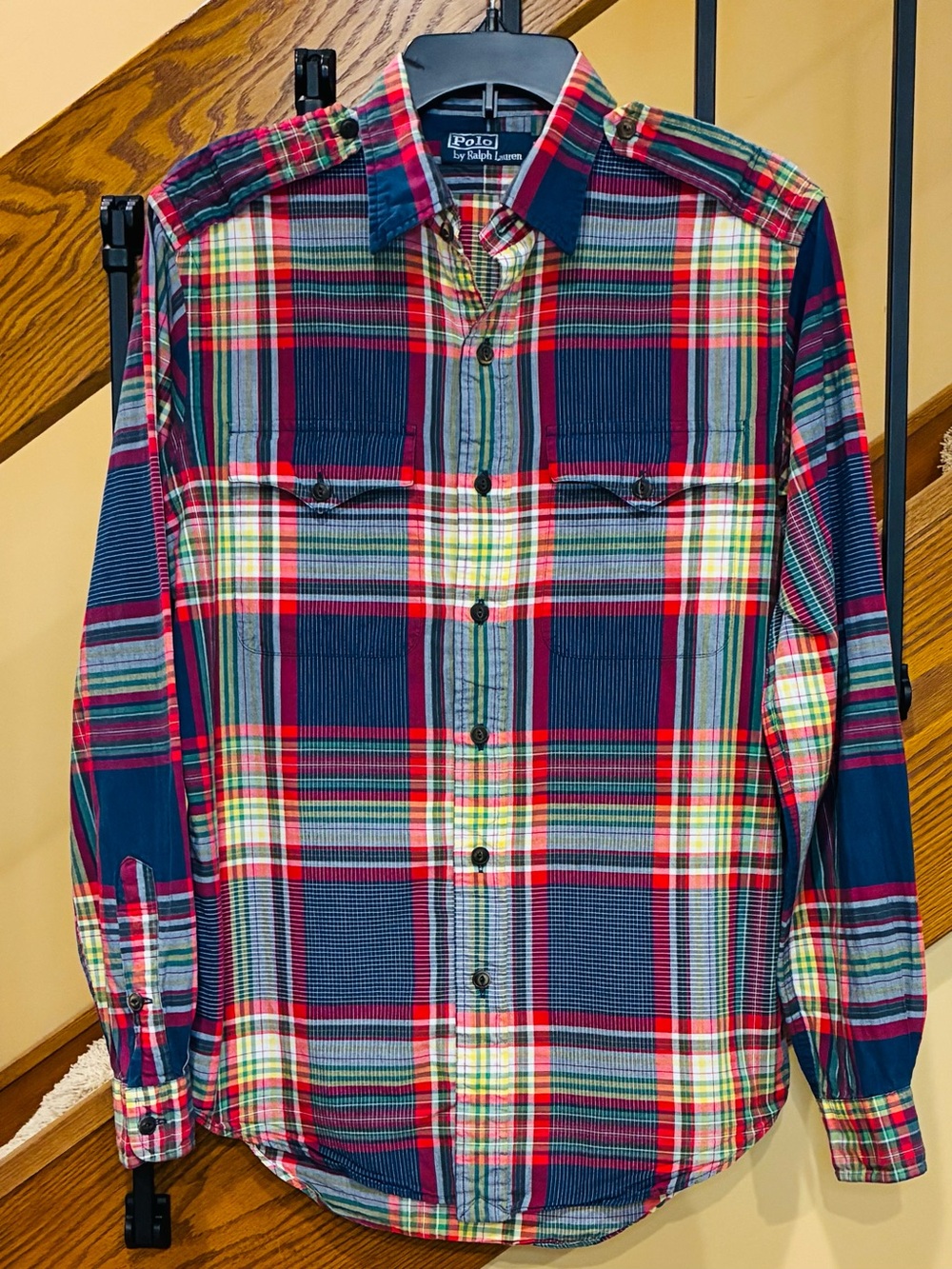 Polo Ralph Lauren Shirt Indian Madras Plaid Epaulets Button Up multi SZ.Md Men’s